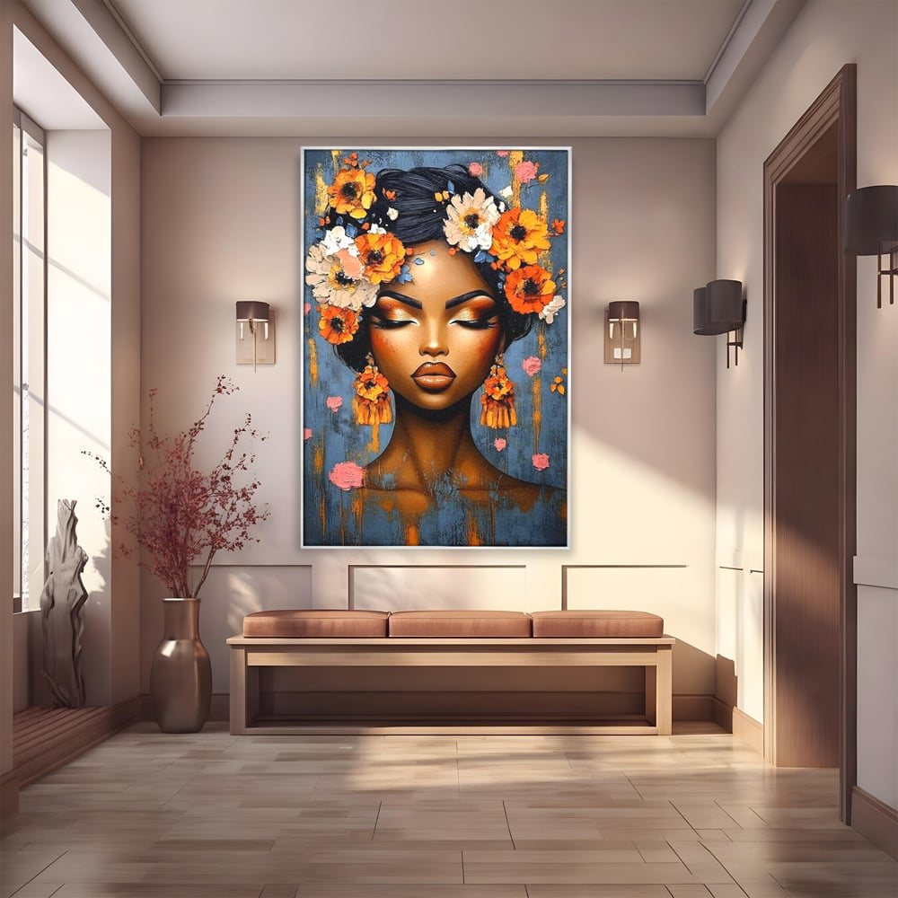 Tablou canvas cu tablou canvas cu portret de femeie si flori, in rama de aluminiu argintiu
